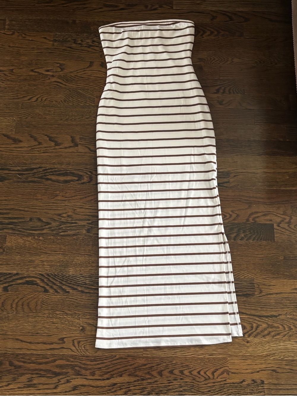See You Monday Strapless White Dress with Brown Stripes WITH SLIT